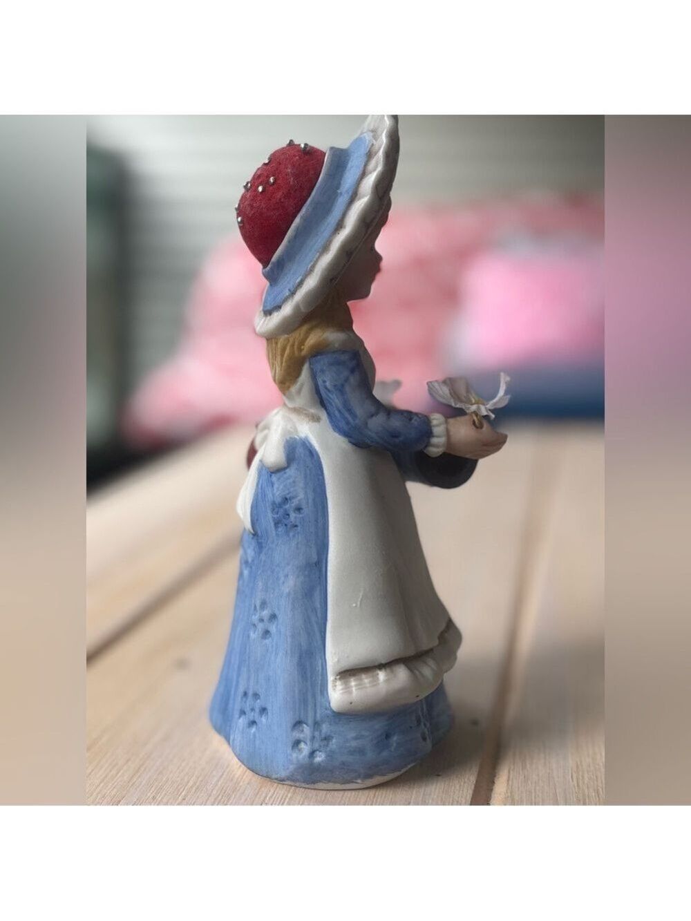 VINTAGE Blue & White Porcelain Seamstress Figurine • Thread & Pins Craft Lady - Picture 10 of 16